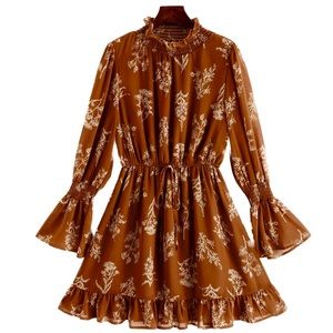 SHEIN Floral Pocket Lantern Sleeve Shirred Mock Neck Dress